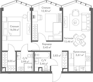 Планировка — МИРА, 3-комн., 68 м²