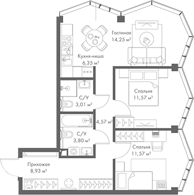 Планировка — МИРА, 3-комн., 64 м²