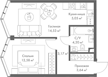 Планировка — МИРА, 2-комн., 43 м²