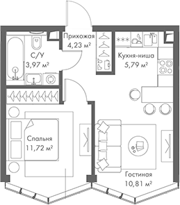 Планировка — МИРА, 2-комн., 37 м²