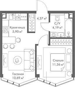 Планировка — МИРА, 2-комн., 37 м²