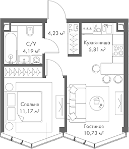 Планировка — МИРА, 2-комн., 36 м²