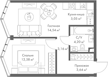Планировка — МИРА, 2-комн., 43 м²