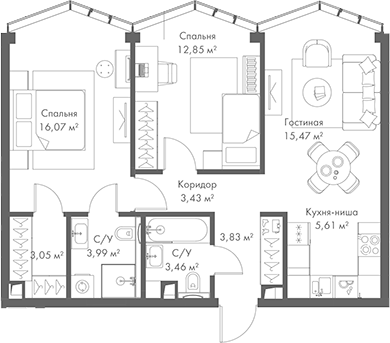 Планировка — МИРА, 3-комн., 68 м²