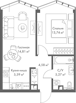 Планировка — МИРА, 2-комн., 44 м²