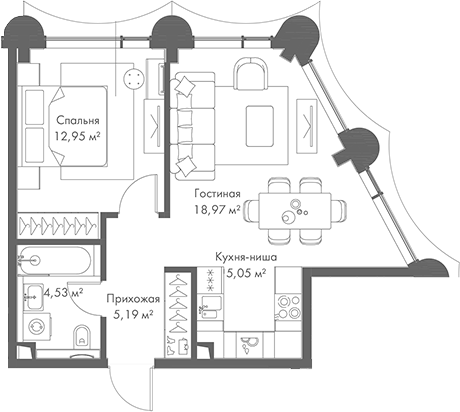 Планировка — МИРА, 2-комн., 47 м²