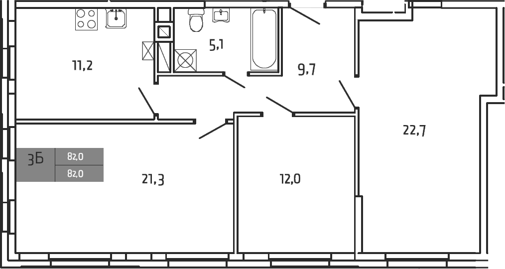 Планировка — Южная Долина, 3-комн., 82 м²