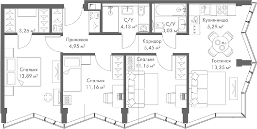 Планировка — МИРА, 4-комн., 76 м²
