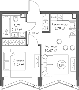 Планировка — МИРА, 2-комн., 36 м²