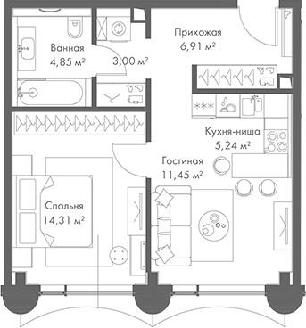 Планировка — МИРА, 2-комн., 46 м²