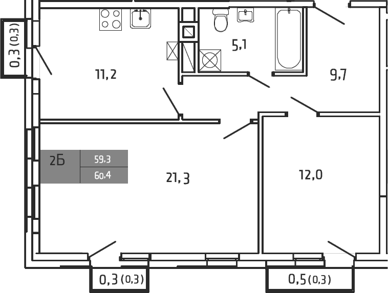 Планировка — Южная Долина, 2-комн., 59 м²
