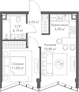 Планировка — МИРА, 2-комн., 36 м²