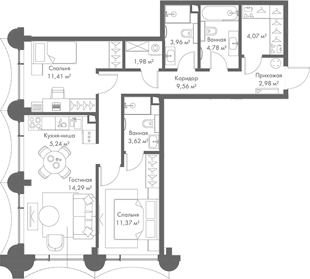 Планировка — МИРА, 3-комн., 73 м²