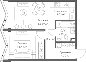 Планировка — МИРА, 2-комн., 43 м²
