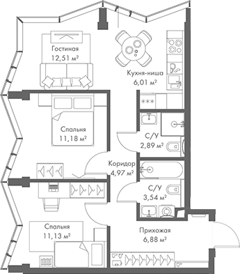 Планировка — МИРА, 3-комн., 59 м²