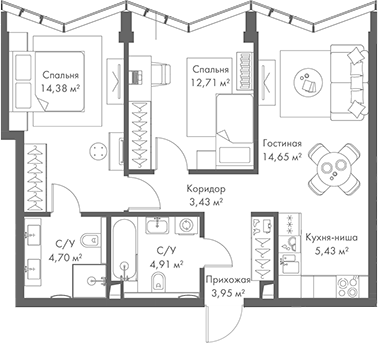 Планировка — МИРА, 3-комн., 64 м²