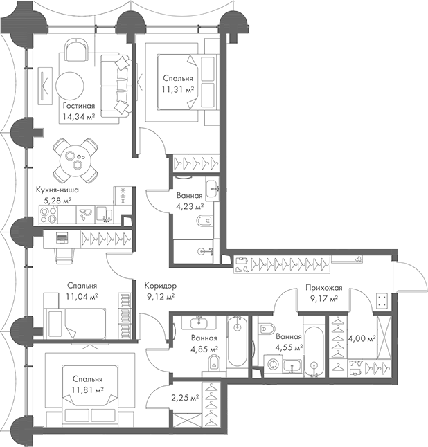 Планировка — МИРА, 4-комн., 92 м²