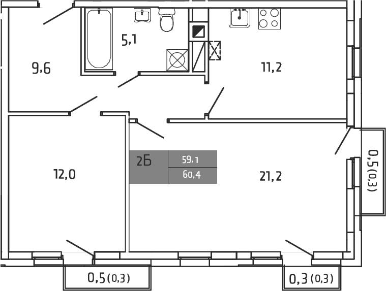 Планировка — Южная Долина, 2-комн., 59 м²