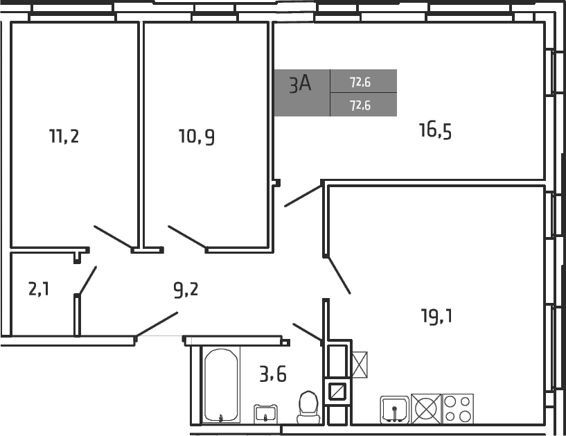 Планировка — Южная Долина, 3-комн., 73 м²