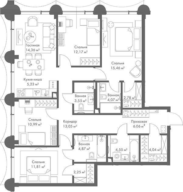 Планировка — МИРА, 5-комн., 115 м²