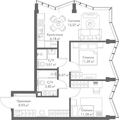 Планировка — МИРА, 3-комн., 63 м²