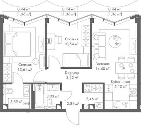 Планировка — МИРА, 3-комн., 59 м²