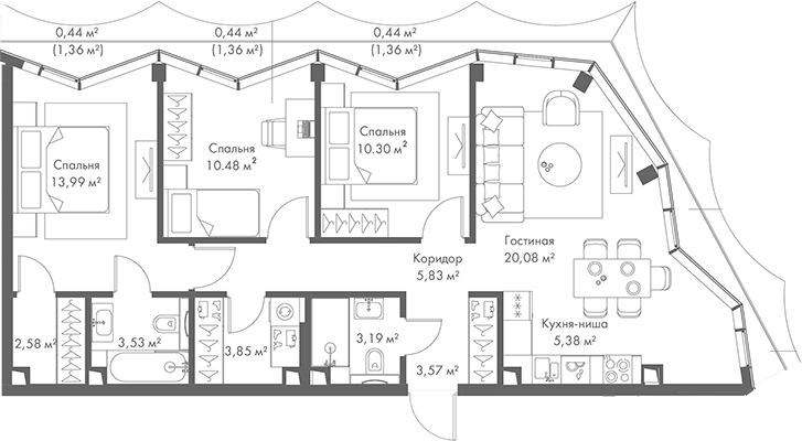 Планировка — МИРА, 4-комн., 83 м²