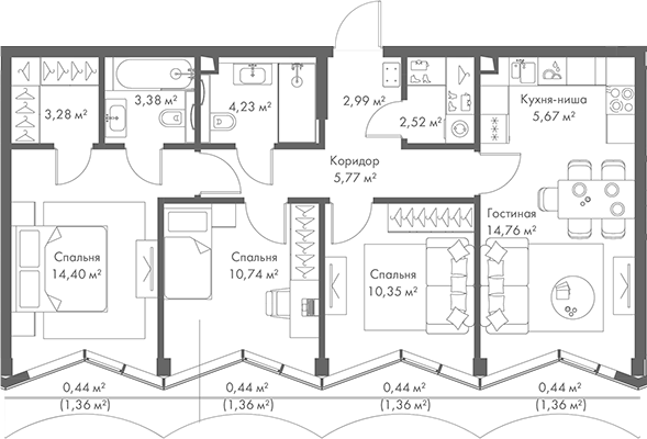 Планировка — МИРА, 4-комн., 78 м²