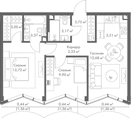 Планировка — МИРА, 3-комн., 58 м²