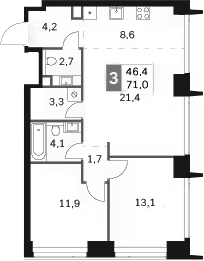 Планировка — Amber City, 3-комн., 71 м²