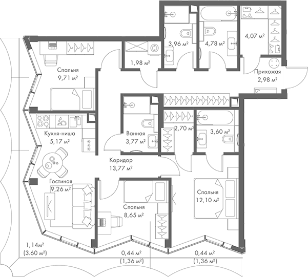 Планировка — МИРА, 4-комн., 87 м²