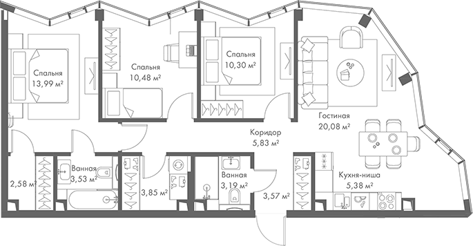 Планировка — МИРА, 4-комн., 83 м²