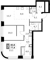 Планировка — Amber City, 3-комн., 77 м²