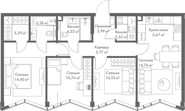Планировка — МИРА, 4-комн., 78 м²