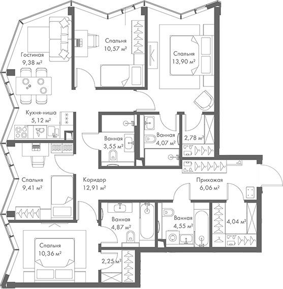 Планировка — МИРА, 5-комн., 104 м²