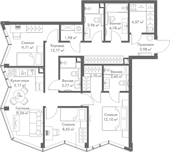 Планировка — МИРА, 4-комн., 87 м²