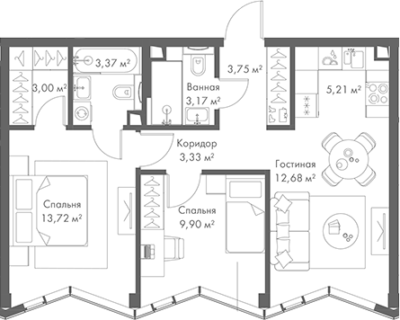 Планировка — МИРА, 3-комн., 58 м²