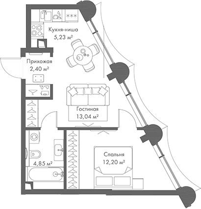 Планировка — МИРА, 2-комн., 38 м²
