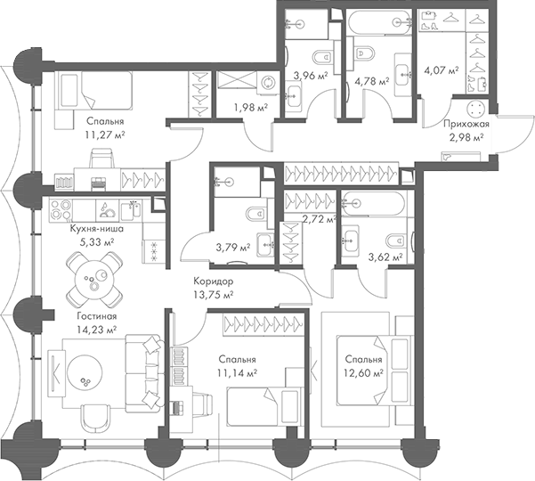 Планировка — МИРА, 4-комн., 96 м²