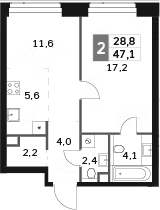 Планировка — Amber City, 2-комн., 47 м²