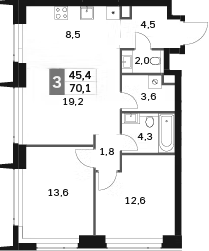 Планировка — Amber City, 3-комн., 70 м²