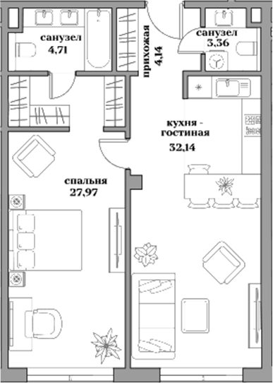 Планировка — Садовническая, 69, 2-комн., 72 м²