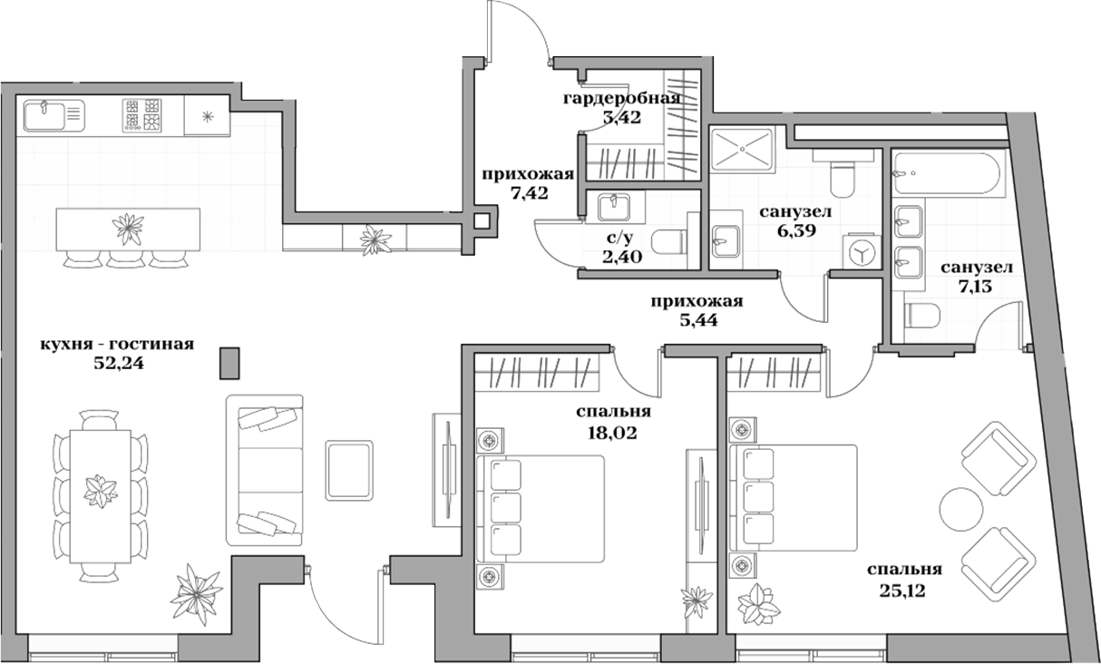 Планировка — Садовническая, 69, 3-комн., 128 м²