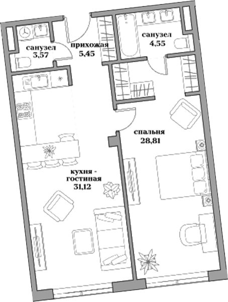 Планировка — Садовническая, 69, 2-комн., 74 м²