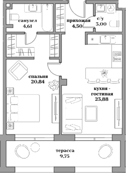 Планировка — Садовническая, 69, 2-комн., 57 м²
