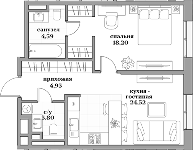 Планировка — Садовническая, 69, 2-комн., 56 м²