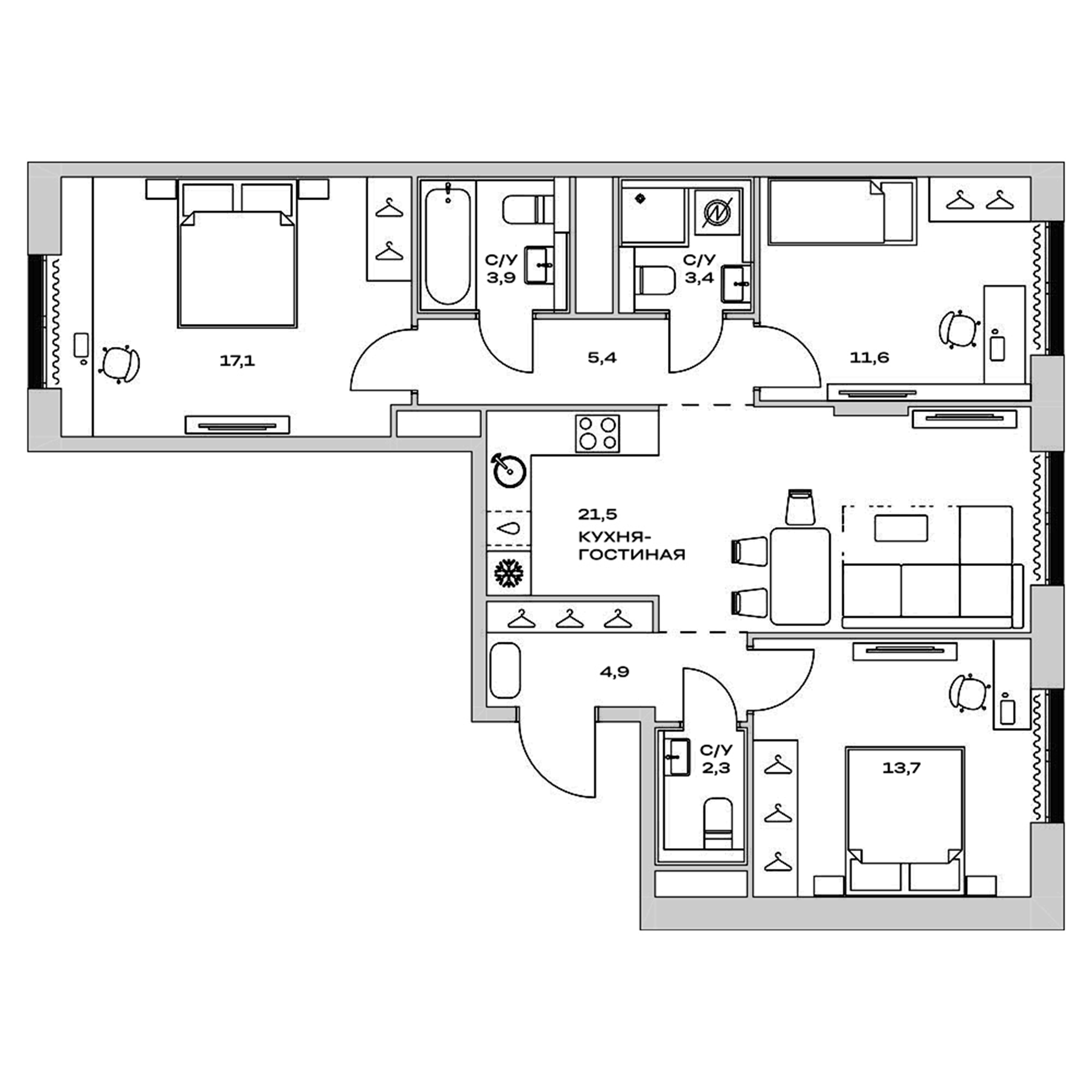 Планировка — Детали, 4-комн., 84 м²