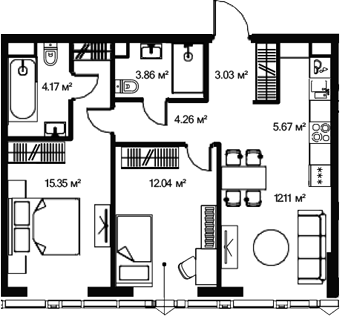 Планировка — Джойс, 3-комн., 60 м²