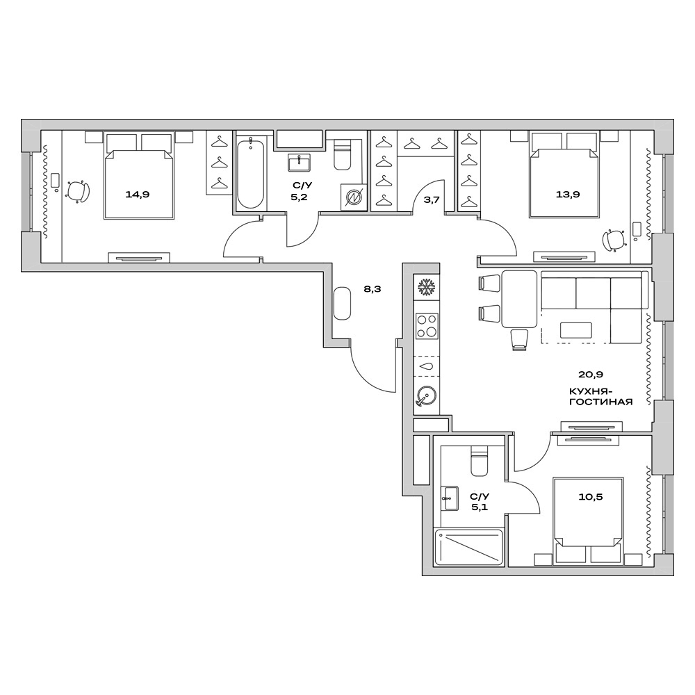 Планировка — Детали, 4-комн., 83 м²