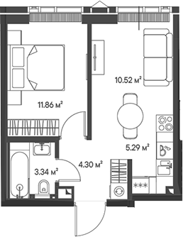 Планировка — Джойс, 2-комн., 35 м²